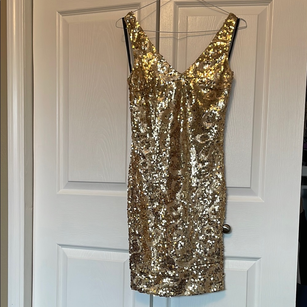 bebe Gold Sequin Embellished Mini Dress